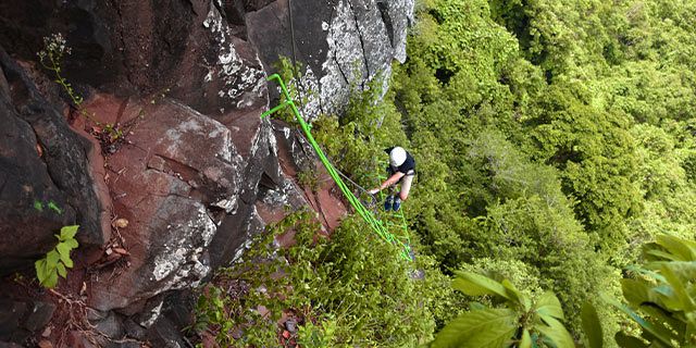 Easy mountain cliff climbing ferrata lavilleon (